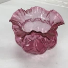 Vintage Cranberry Red Fenton Art Glass Ruffled Melon Vase Diamond Optic 6" Diam