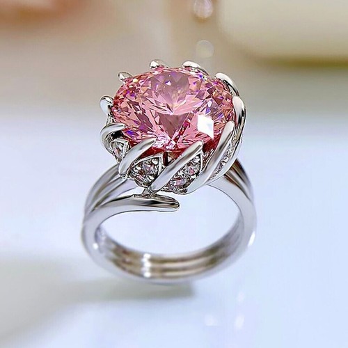 2.Ct Round 14k Pink Treated Diamond Lab Created White Gold Plated Huge Pink Ring - Picture 2 of 5