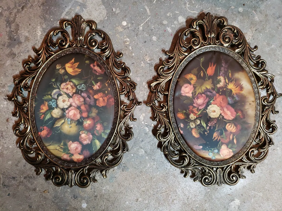 13.5x10.5in　Framed　Ornaye　of　Prints　Brass　Floral　eBay　Baroque　Italian　Pair　Oval