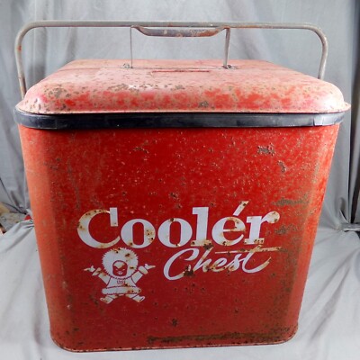 Vtg Eskimo Cooler Chest Red Metal Ice Chest Cooler RUSTY DISTRESSED DECOR