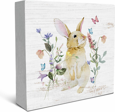 Bunny Decor Wood Box Sign Desk Decor, Easter Bunny Wooden Box Sign Decoration fo