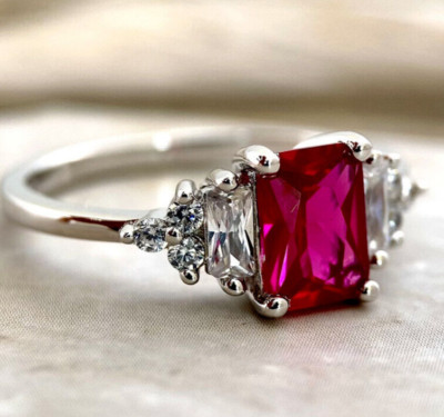 2.80Ct Emerald Cut Created Red Ruby & Diamond Women's Ring 14K White Gold Finish