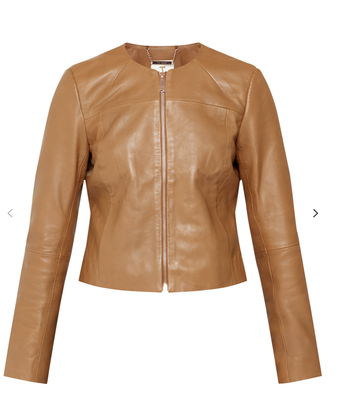 tan collarless leather jacket