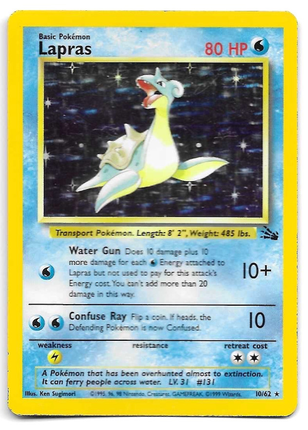 Pokemon Card Lapras 10/62 Fossil Set Hologram 24 - Great Condition Rare