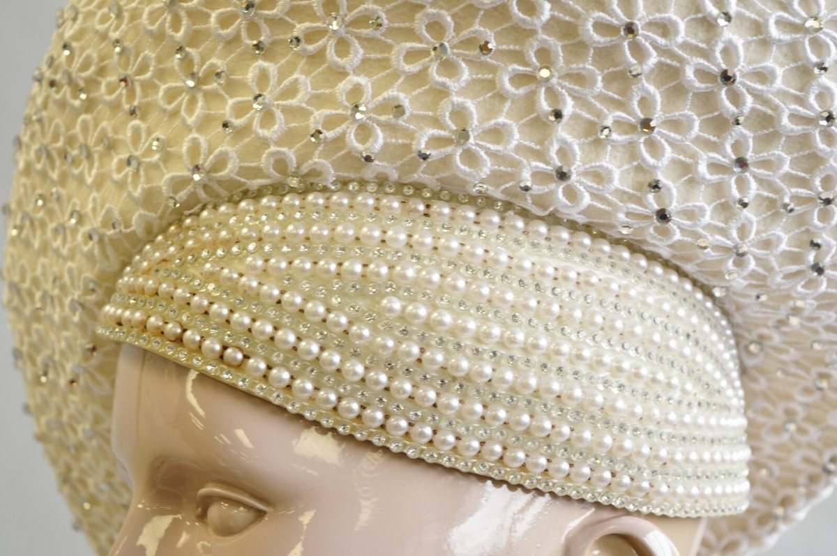 Vintage Jack McConnell Boutique Ivory Wide Brim Church Derby Wedding Hat Beaded Vintage Jack McConnell Boutique woven glossy ivory straw hat  main image 3