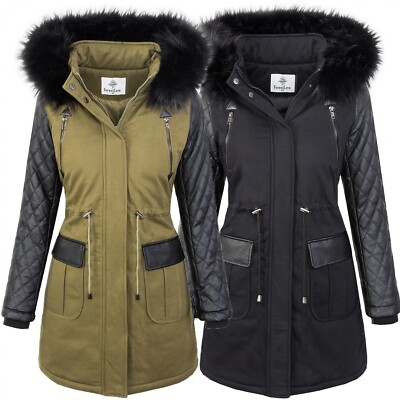 Damen Winter Jacke Parka Wintermantel Kunstfellkragen Damenjacke Mantel  D-348
