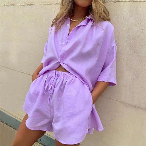 Casual Set Long Sleeve Shirt Top Mini Short Summer New Two Piece Tracksuit Womem - Picture 4 of 15