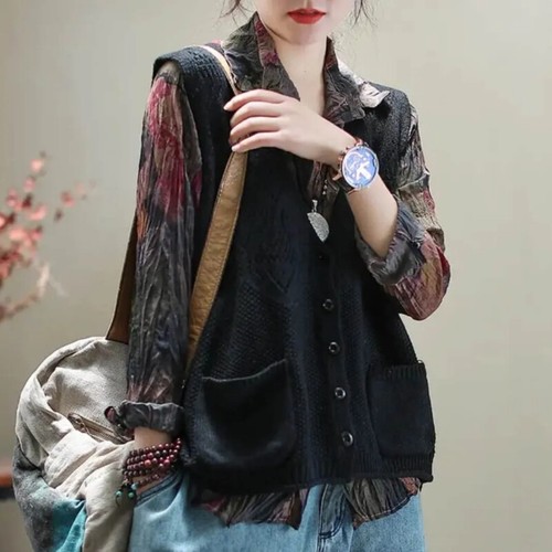 Women Knit Vest Hollow Sweater Jumper Cardigan Top Waistcoat V-neck Ethnic - Picture 10 of 15