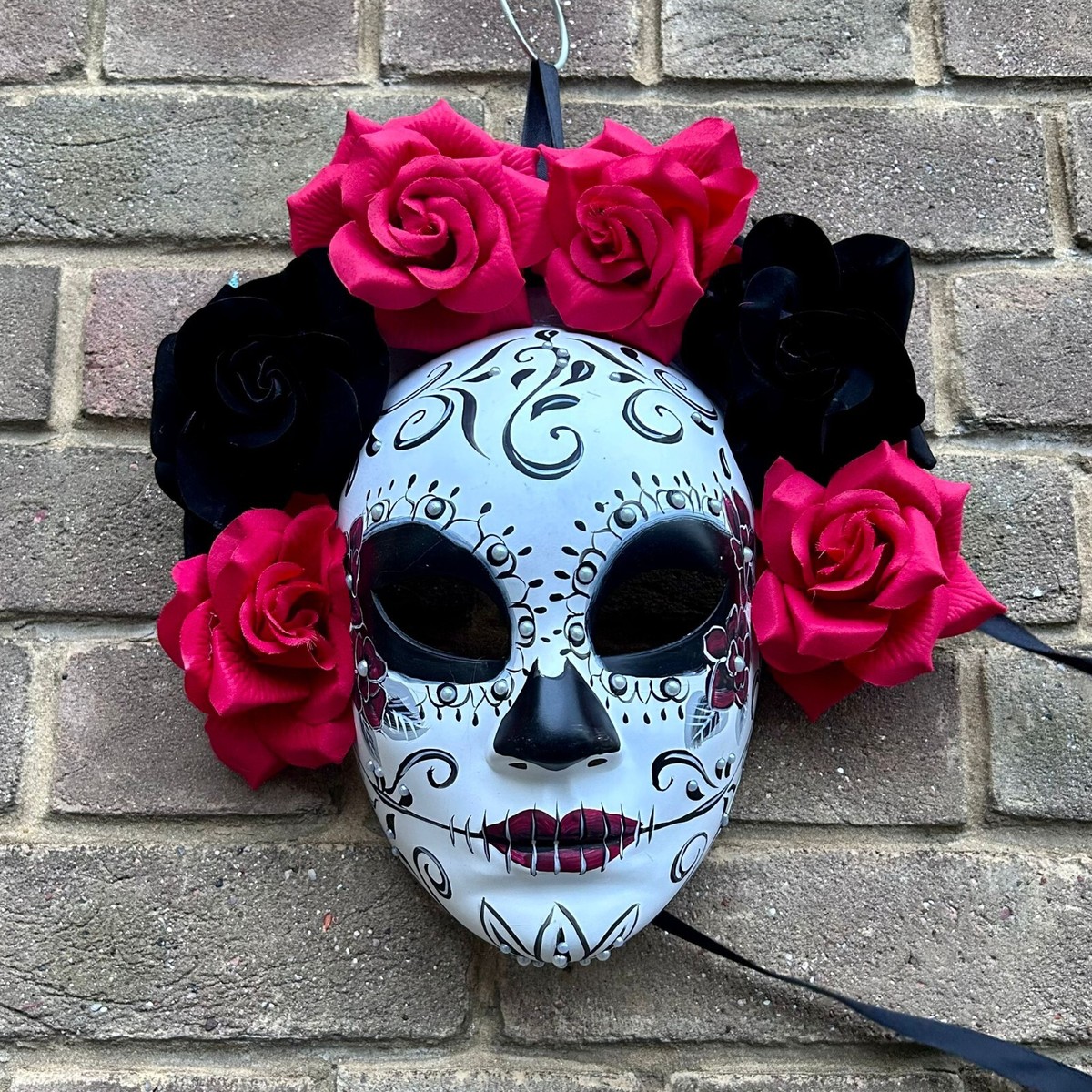 Red & Black Day of the Dead Sugar Skull Mask Fancy Dress Floral