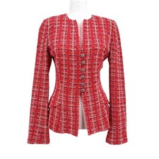 St John Red Tweed Knit Blazer Jacket Wool Cashmere Blend US 2 Silver Buttons