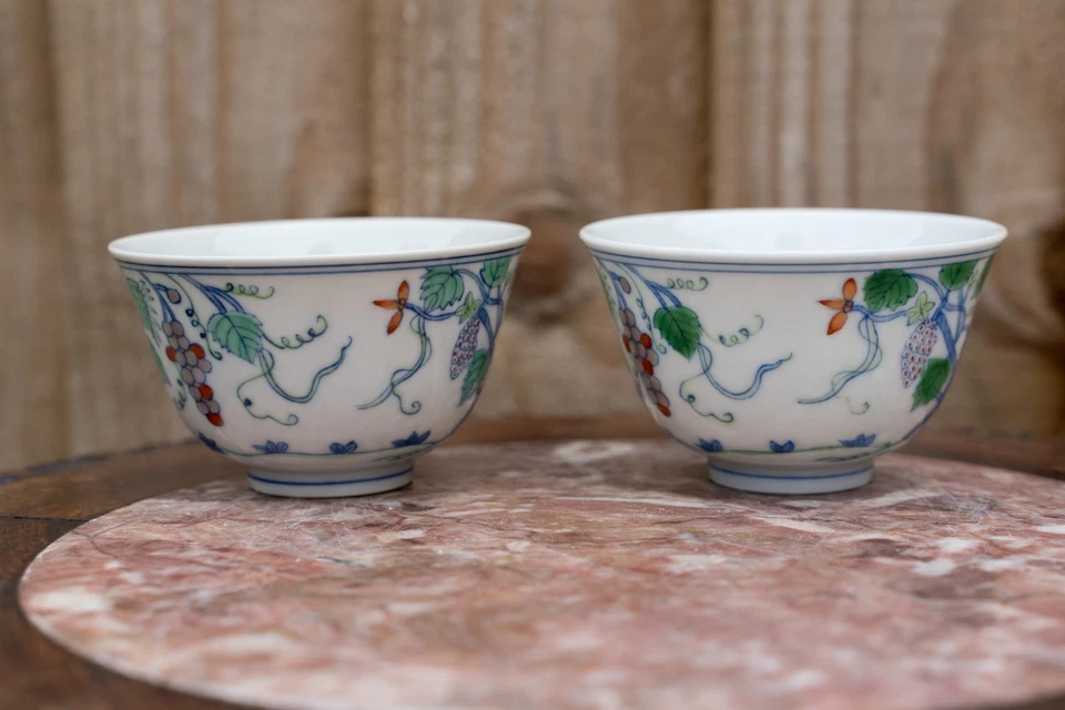 Par de tazas chinas Doucai de 5 cm de alto 8 cm de diámetro Foto 4 de 4