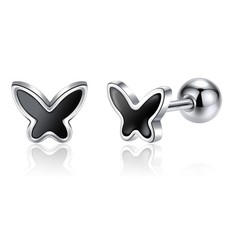 Hypoallergenic 925 Sterling Silver Butterfly Earrings With Screw Back Tiny Black