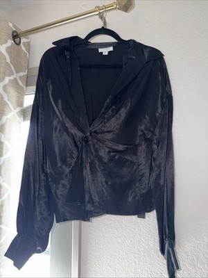 Topshop Women's Blouse Long Sleeve Black Size 8 Twist Front V-Neck Silk Blend
