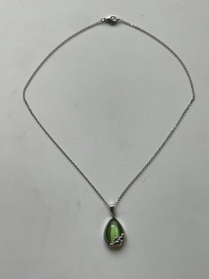 Solvar Sterling Silver Green Teardrop Stone Pendant Necklace  