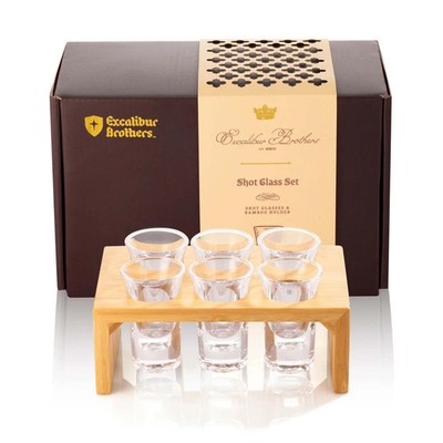 Excalibur Brothers 6 Shot Glass 1 oz Set and Bamboo Holder-New