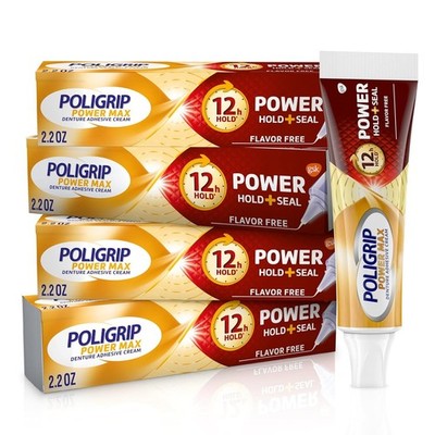 Poligrip Power Hold + Seal Denture Adhesive Cream, Flavor Free, 2.2 oz, 4 Pack..