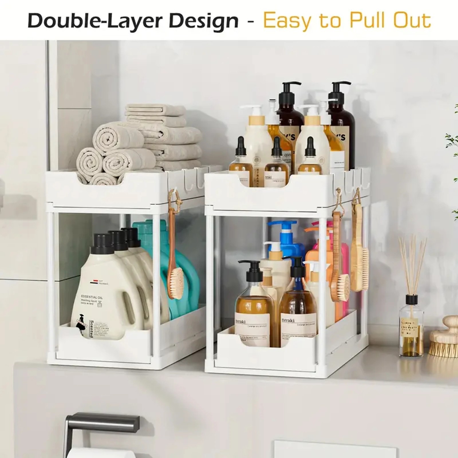 2 Pack Under Sink Organizer, Under Bathroom Cabinet Organizer with Hooks BLACK
