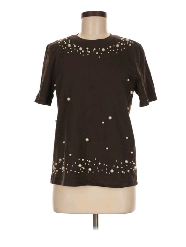 NEW ZARA  SHORT SLEEVE FAUX PEARL T-SHIRT - Brown SMALL