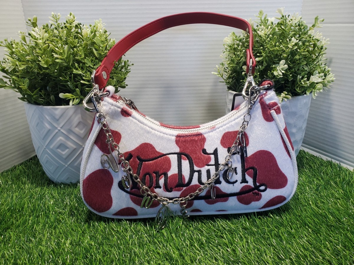 Von Dutch Red Cow Fur Print Shoulder Purse with Charms Coquette