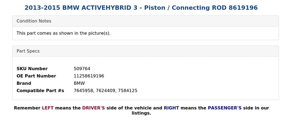BMW ACTIVEHYBRID 3 2013-2015 - pistón/barra de conexión 8619196 Foto 3 de 4