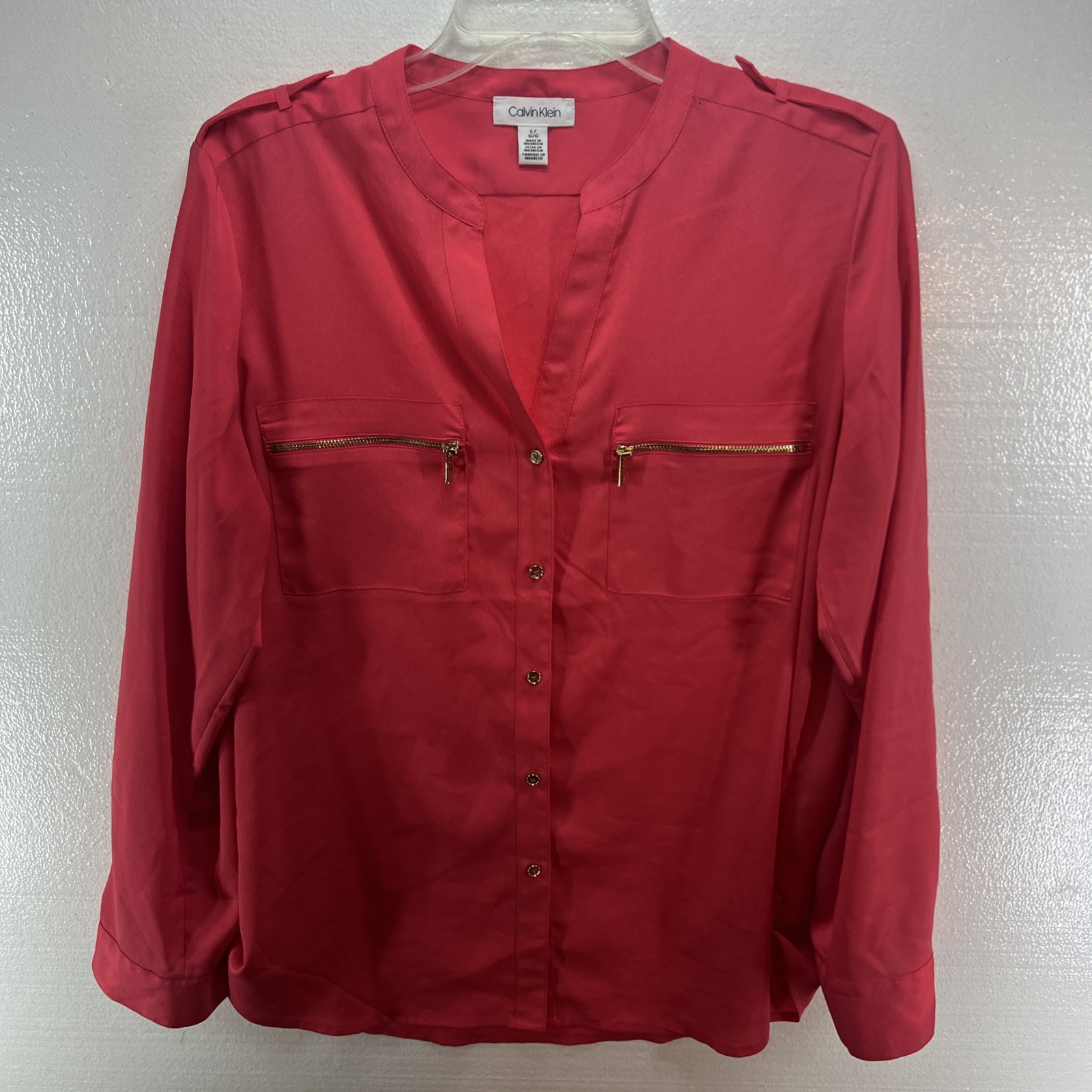 EUC Calvin Klein Pink Long Sleeve V-Neck Blouse Women's Large Career Dressy
