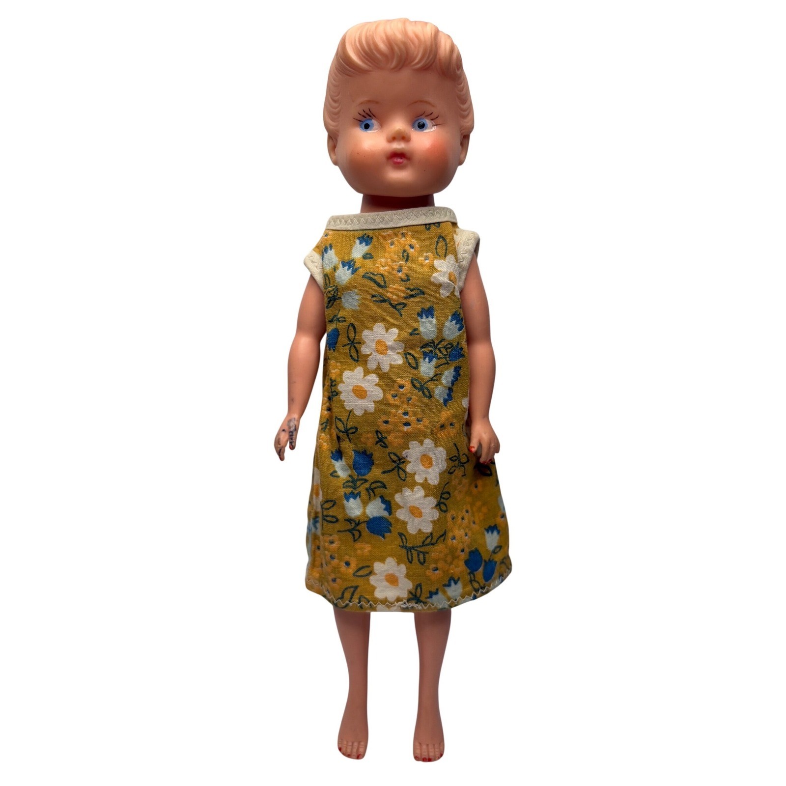 60s Molded Hair Rubber Doll HB Yellow Floral Dress Blue White Flowers Blue Eyes