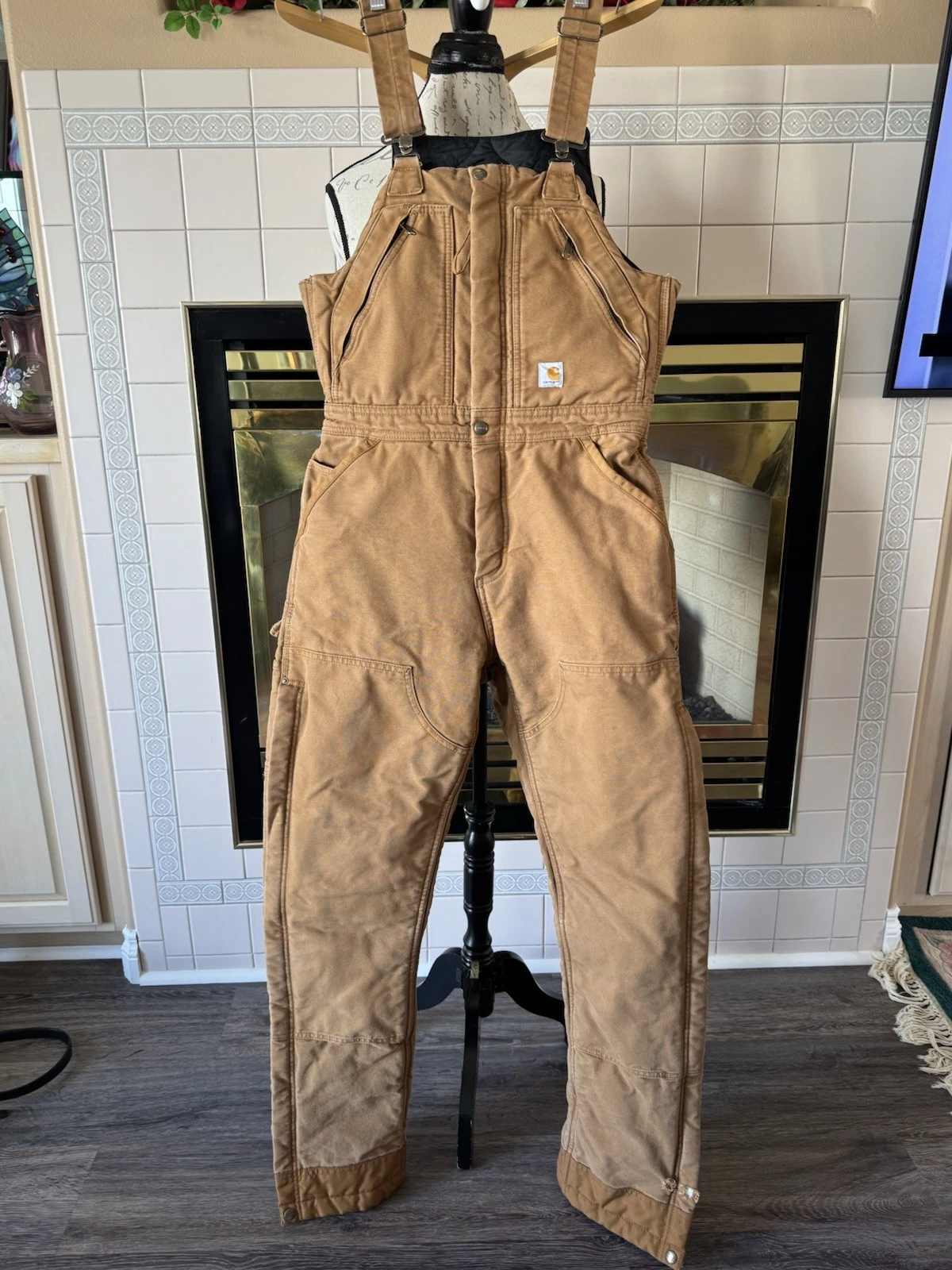CARHARTT WOMEN'S TAN INSULATED WORK BIBS OVERALLS, SZ MED TALL, 8-10, VERY CLEAN