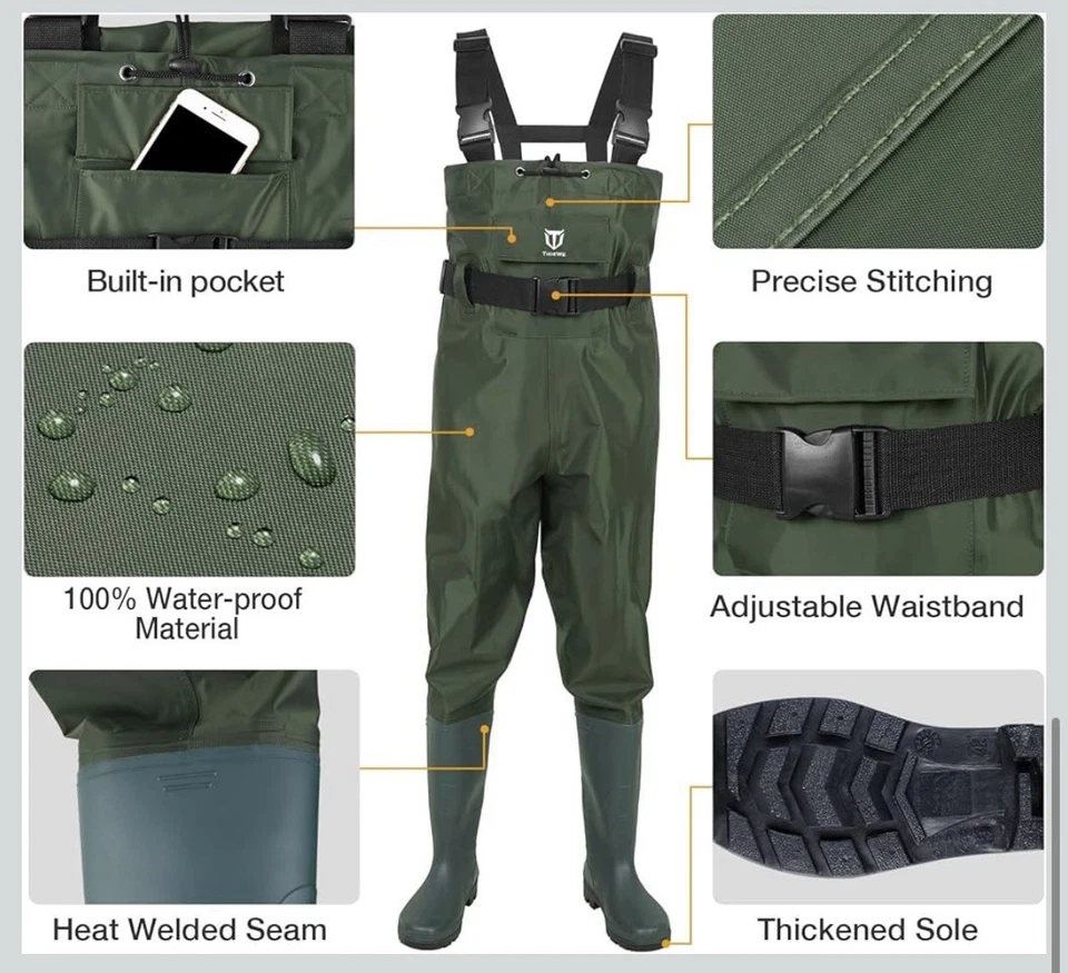Men's New Size 5 Green Tidewe Waterproof Hunting & Fishing Chest Waders & Boots  - Image 3 of 4