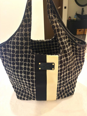 Kate Spade New York Black/White Geometric Canvas Shoulder Bag Zip Green Lining