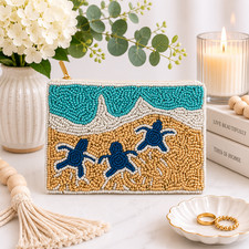 Handmade Seed Beaded Sea Turtle Coin Purse - Coastal Beach Zip Pouch - 5"x4"