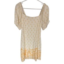 Women’s Floral Cream & Yellow Mini Dress Short Puff Sleeves Cottage Prairie