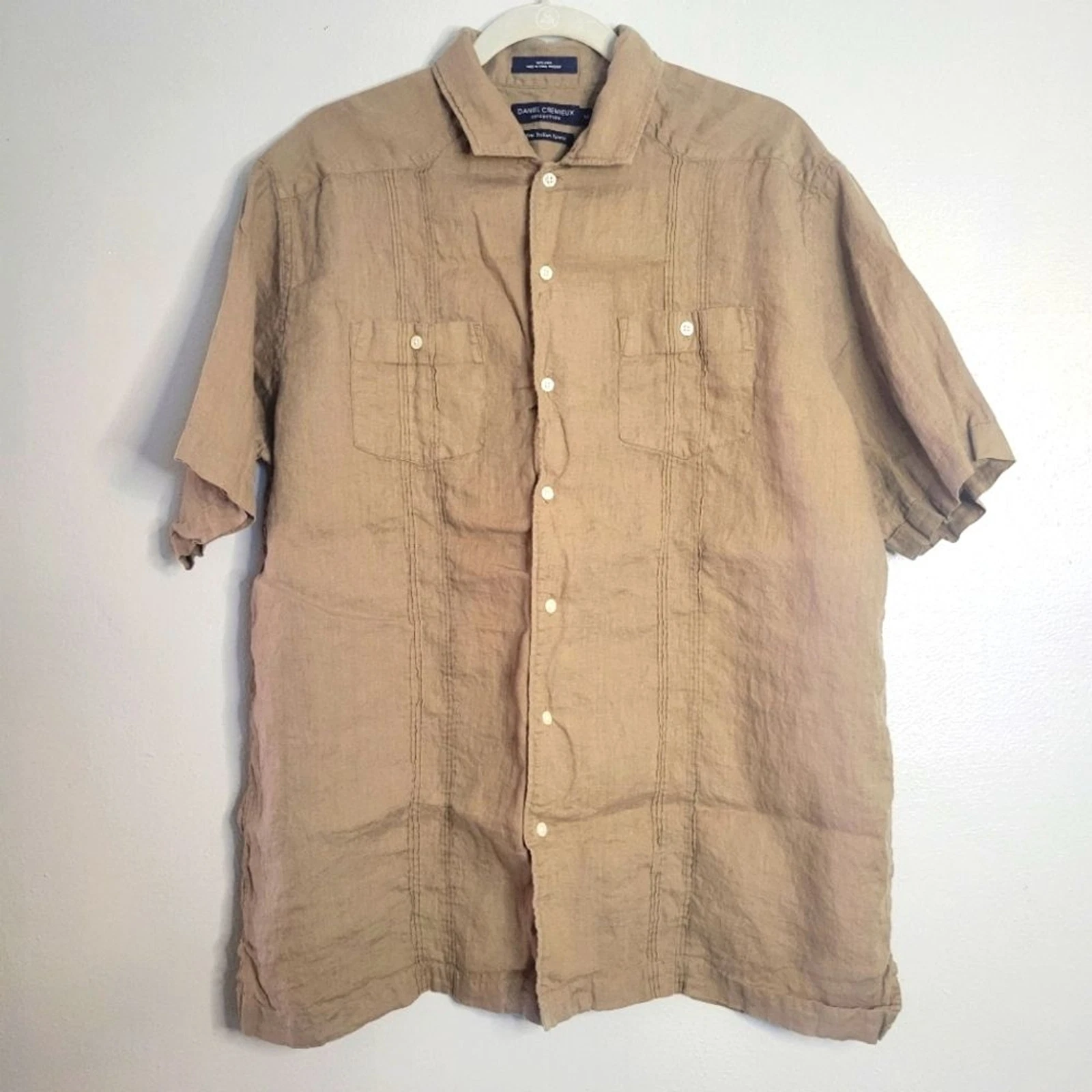 Daniel Cremieux Men's Tan Khaki Short Sleeve Button Down 100% Linen Shirt Medium