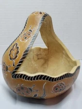 Gourd Crafted Basket w/ Handle Ladybugs, Leaves & Mushroom Design