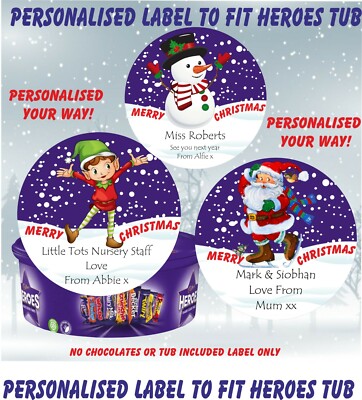 Personalised Chocolate LABEL ONLY fits HEROES Tub Christmas Elf, Santa, Snowman