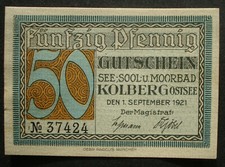 Banknotgeld 1921: MIASTO KOLBERG/KOŁOBRZEG/POMORZE ZACHODNIE, 50 pfg., bfr.