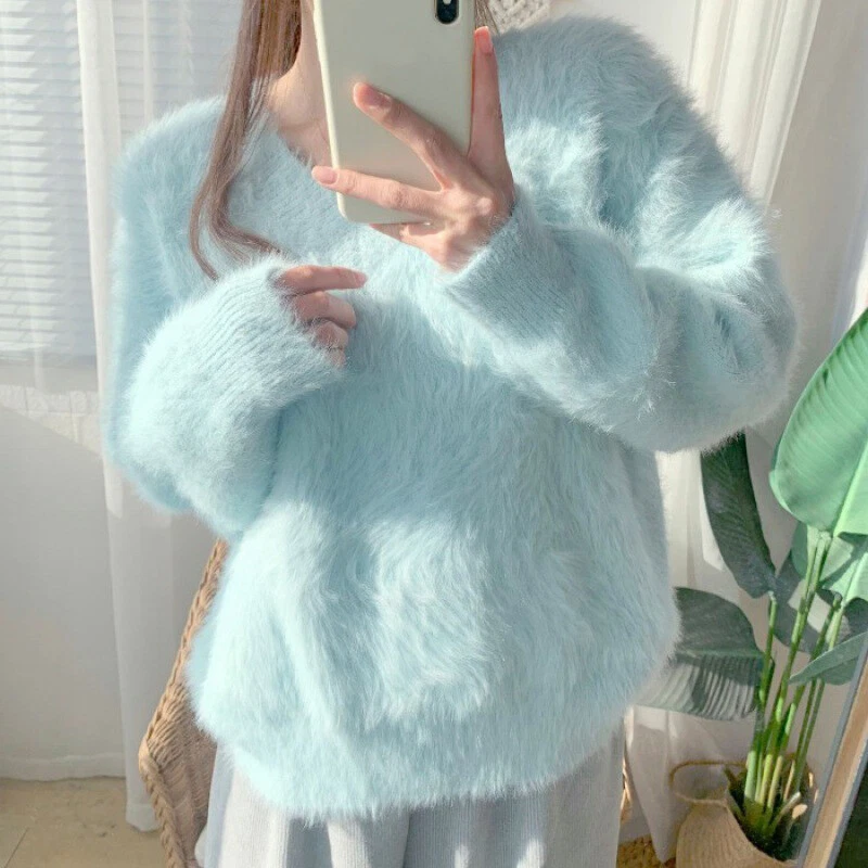 Women Faux Mohair Fur Sweater Fluffy Jumper Pullover Warm Loose Knit Tops  Winter