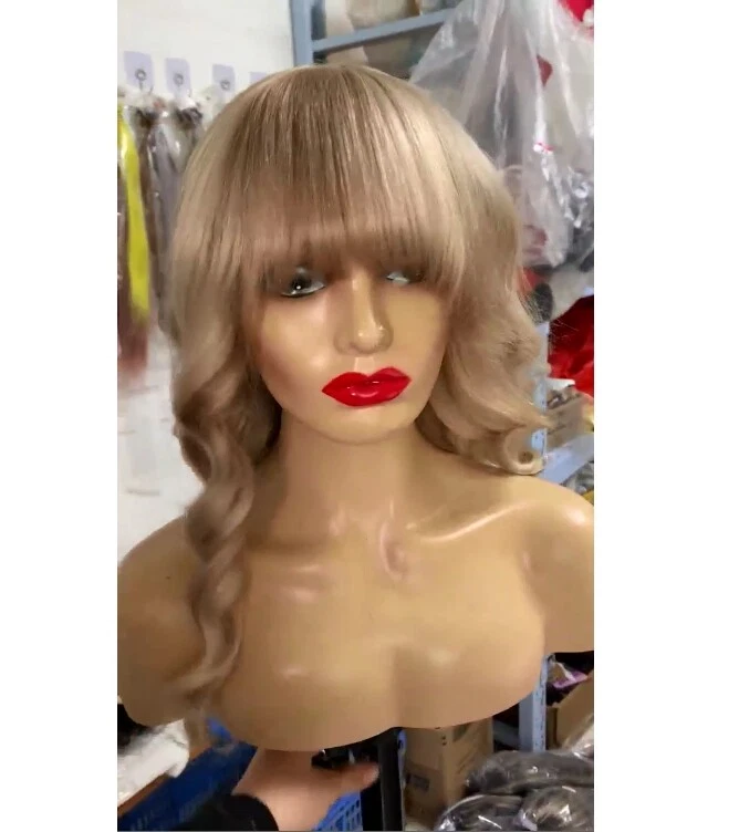 Ombre Highlight Blonde Wig with Bangs 100% Human Hair None Lace - Image 4 of 4