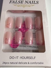 NAIL DECOR BOX OF 24 FALSE NAILS PALE PINK GLITTER HEARTS FRENCH TIPS