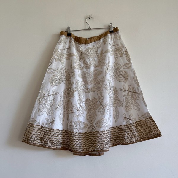Boho White Tan Floral Circle Skirt Sequin Embroidered Midi 