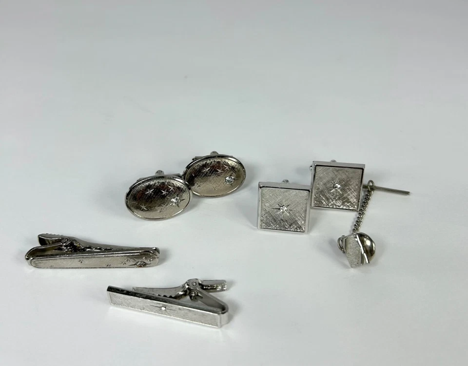 Paquete De Colección de Gemelos Tono Plata Clips de Corbata Pin Estrella Grabado Cristal Foto 3 de 4