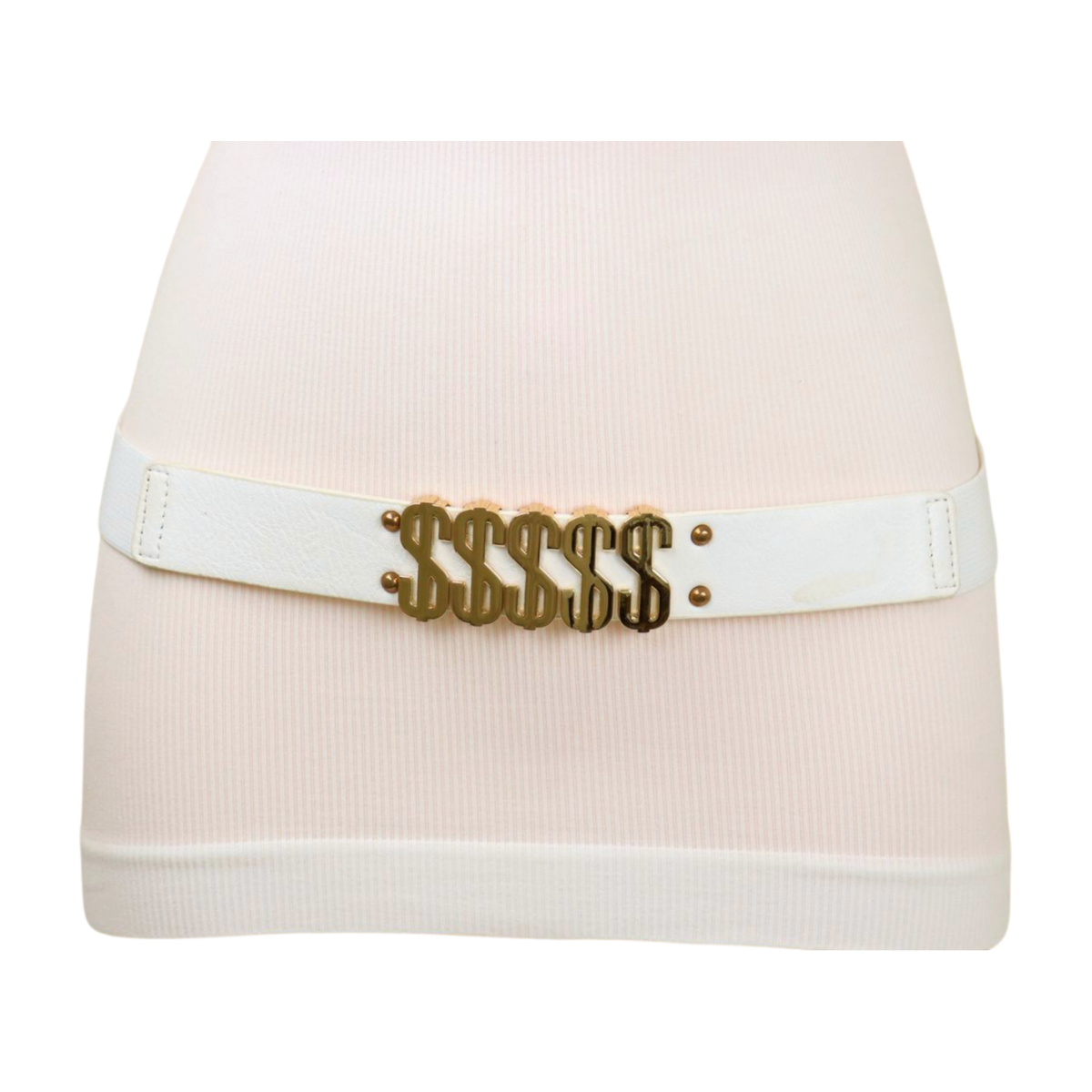 Women White Narrow Elastic Hip High Waist Fashion Belt Gold 