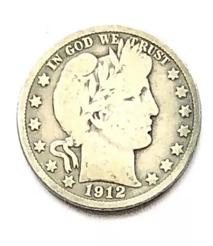1912 Barber Silver Half Dollar 50c Cent Coin VG Details