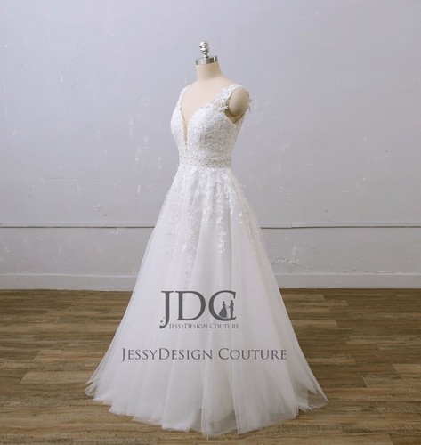 Spitze Brautkleid Träger Perlen Kristallen Gürtel Bodenlang Ivory Champagner - Bild 6 von 12