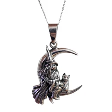 Witch Cat Moon Pendant 20" Necklace 925 Sterling Silver Witchy Jewellery & Box