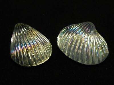 Set of 2 Glass Sea Shell Paperweights, Aquarium Decor, Iridescent, Clam & Cockle