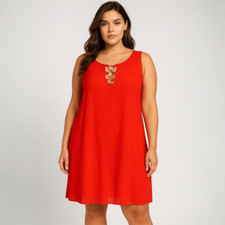 Y2K Gold Ring Neckline Red Shift Dress Women's 2X Bold Sleeveless Resortwear