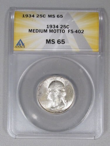 1934 Med. Motto FS-402 Washington Quarter ANACS MS65 - Early Silver 25 Cent Coin