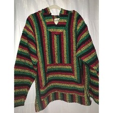 Baja Joe Mens Rasta Striped Mexican Poncho Pullover Hoodie Red Green Yellow XXL