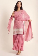 Women's Georgette Embroidery Straight Kurta and Sharara Set. Size S
