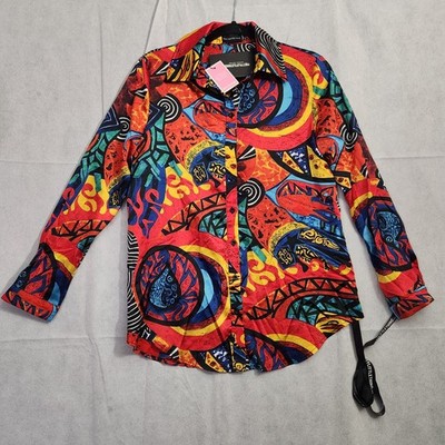 PrettyLittleThing Women's Abstract Psychedelic  Long Sleeve Button-up Blouse NWT